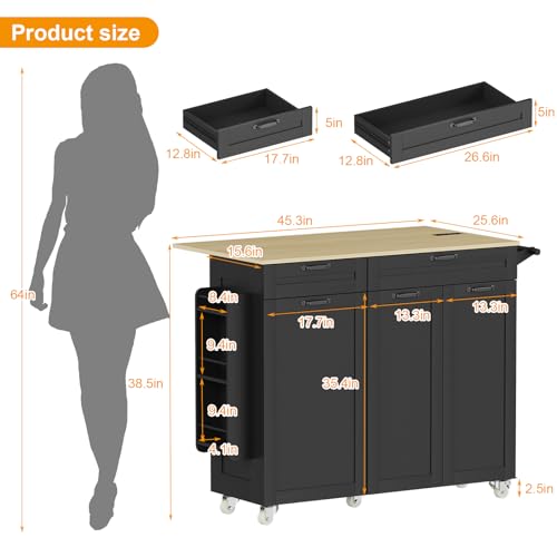 Rolling Kitchen Island with Power Outlet & Drop Leaf, Trash Storage Cabinet, Spice Rack & Towel Rack, Knife Holder S296330
