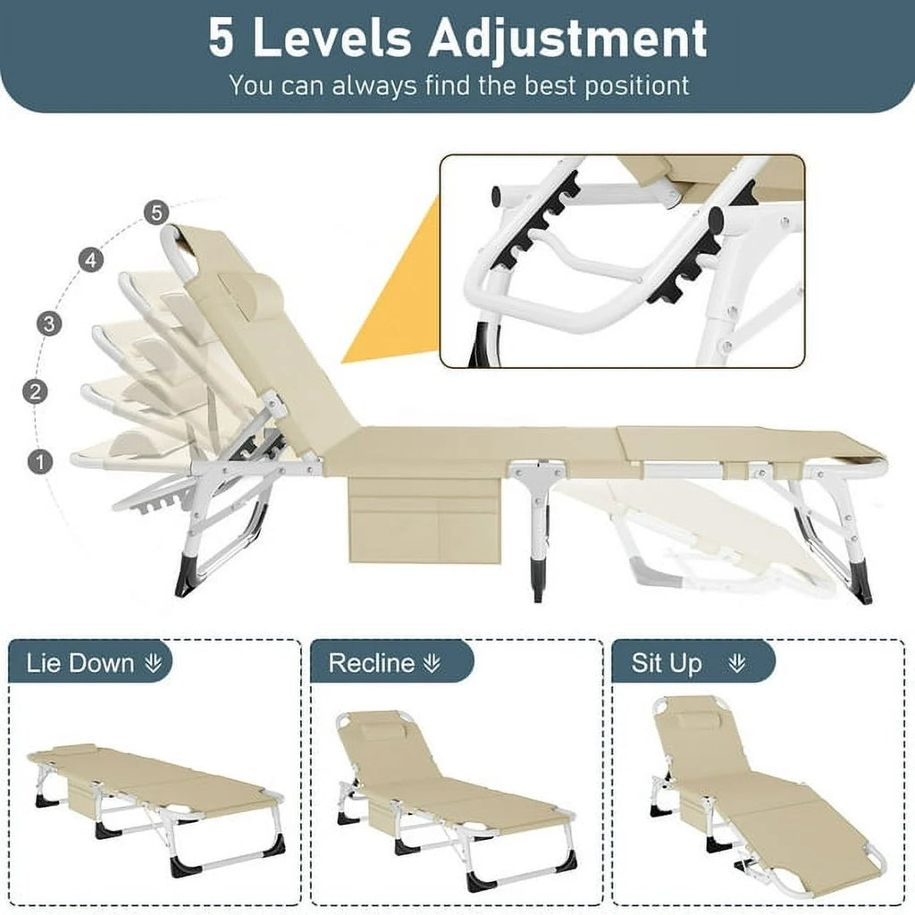 Heavy Duty Tanning Chair with Face & Arm Holes Adjustable 5-Position Folding Chaise Lounge Chair E182