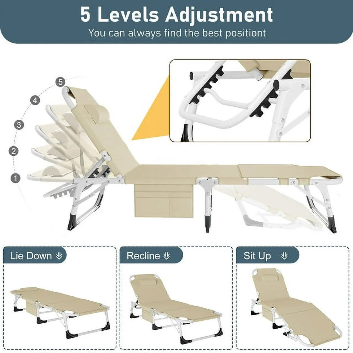 Heavy Duty Tanning Chair with Face & Arm Holes Adjustable 5-Position Folding Chaise Lounge Chair E182