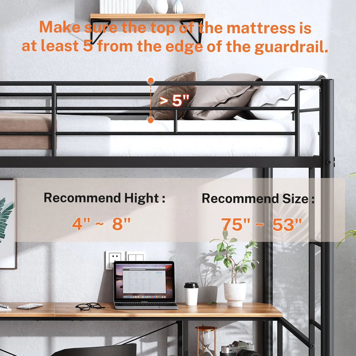 Black Twin Metal Loft Bed with Desk and 4 Shelves P586