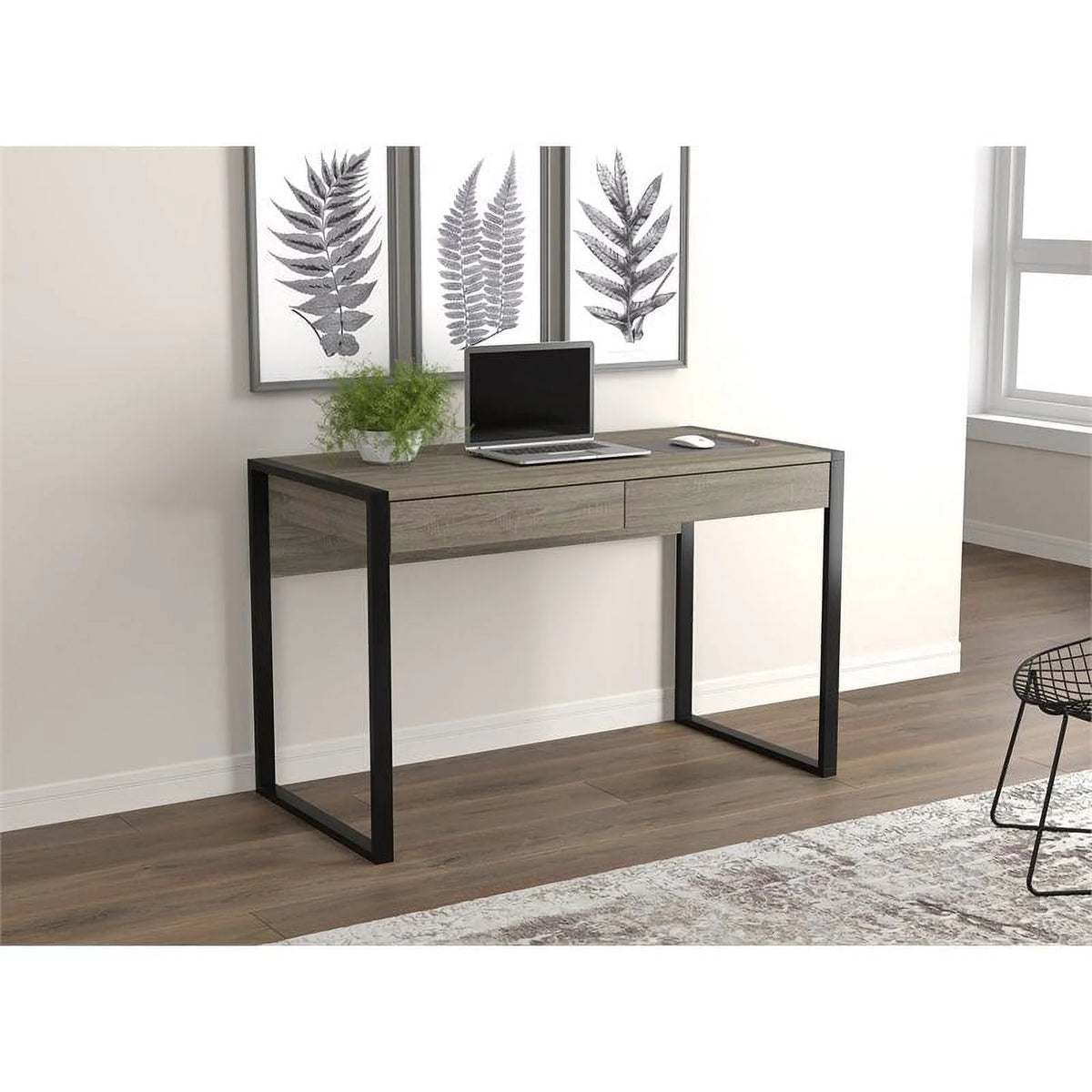 47"L 2-Drawers Black Metal Computer Desk Z64430