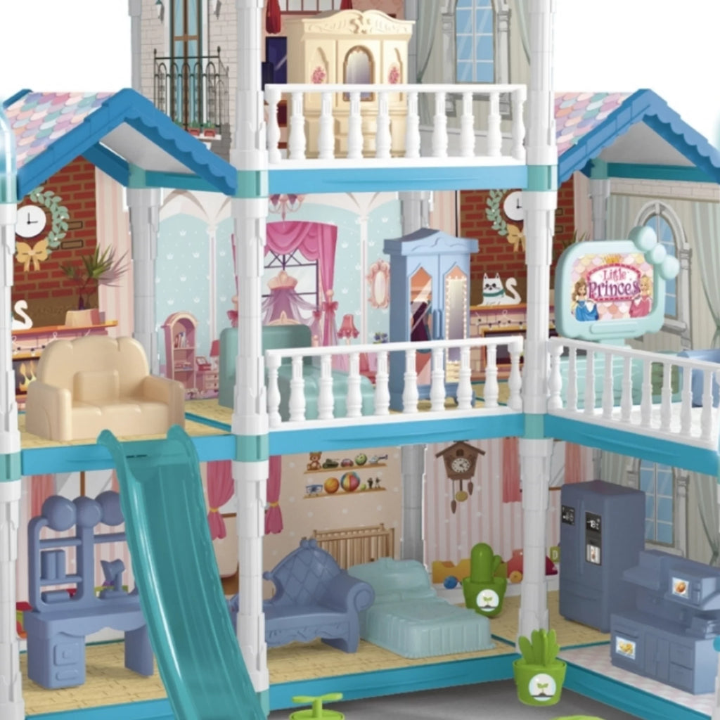 8 Room Dollhouse Play Set with Slide Doll and Furniture Accessories, 191 Pcs O175263