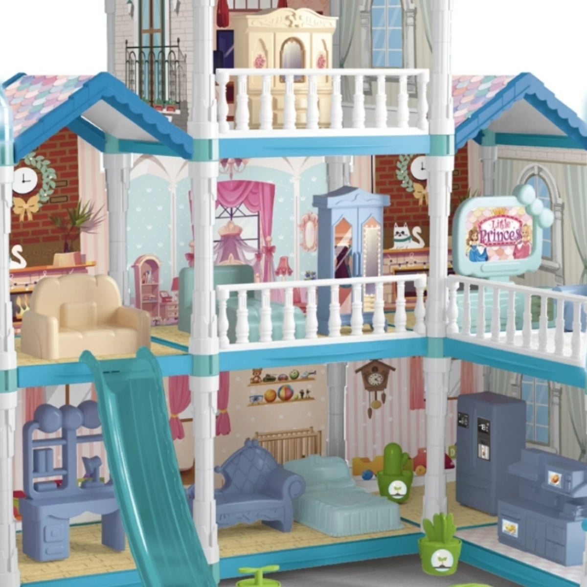 8 Room Dollhouse Play Set with Slide Doll and Furniture Accessories, 191 Pcs O175263