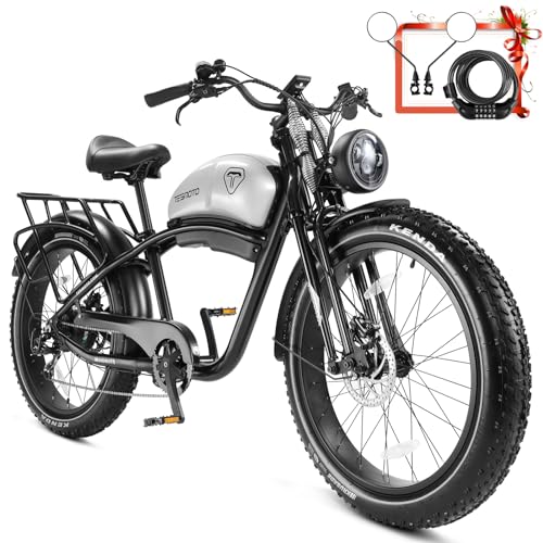 Electric Motorcycle 1500W Motor 52V 20AH 34MPH 75Mils Retro Style Moped Ebike 26"x4.0" Fat Tire Dual Hydraulic Full Suspension U62601
