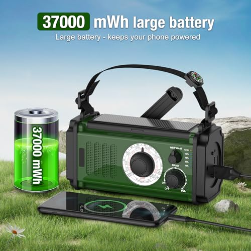 37000mWh Hand Crank Solar NOAA AM FM Weather Radio with Flashlight Reading Lamp SOS Alarm Compass Power Bank E87791