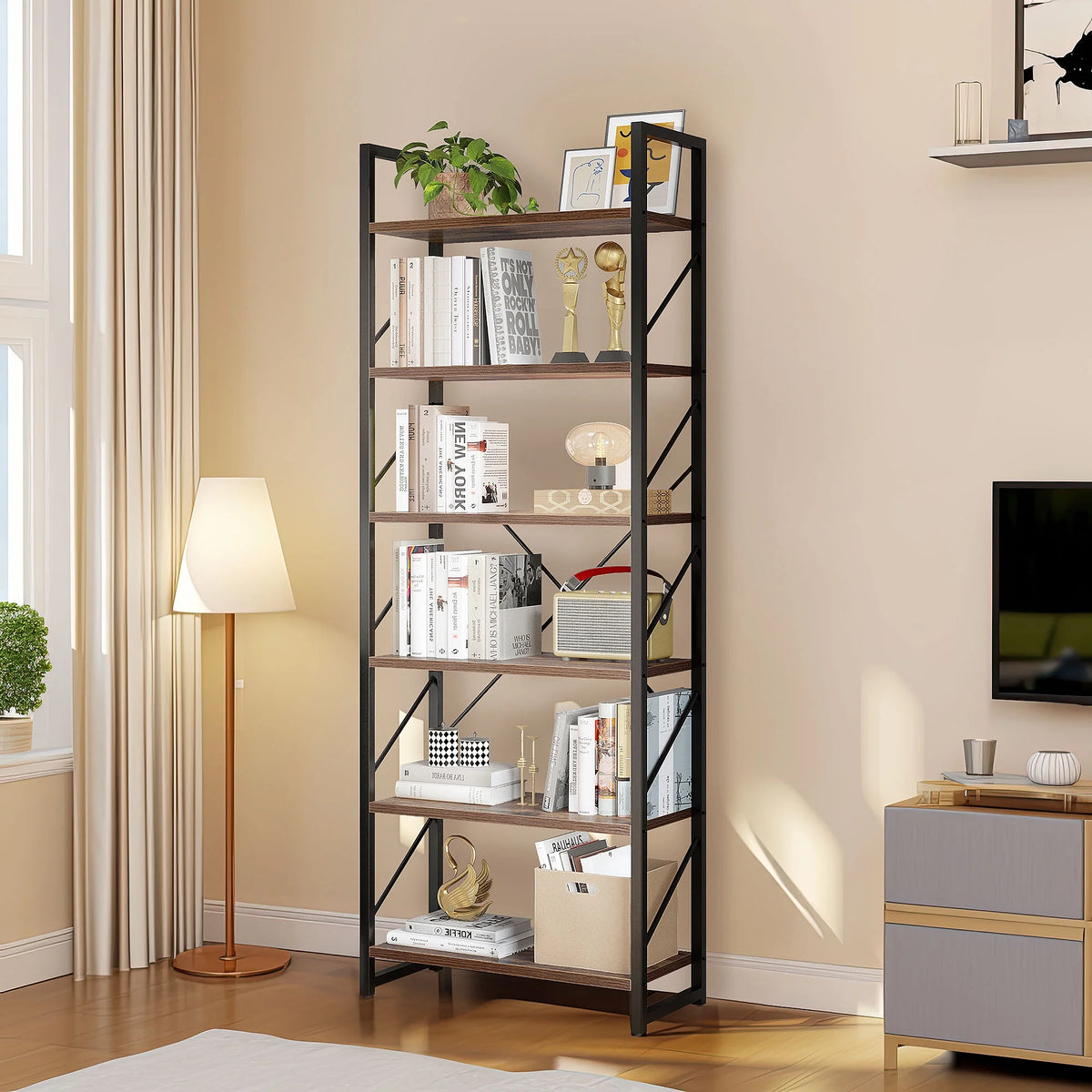 6 Tiers 69 inch Freestanding Bookshelf Black & Brown Q801862