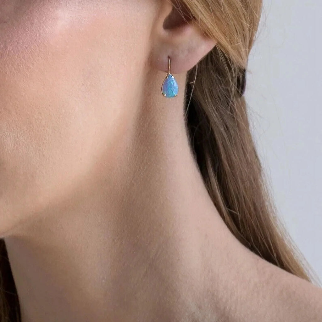14K Yellow Gold Pear Cut Blue Opal Gemstone Teardrop Earrings Z78036