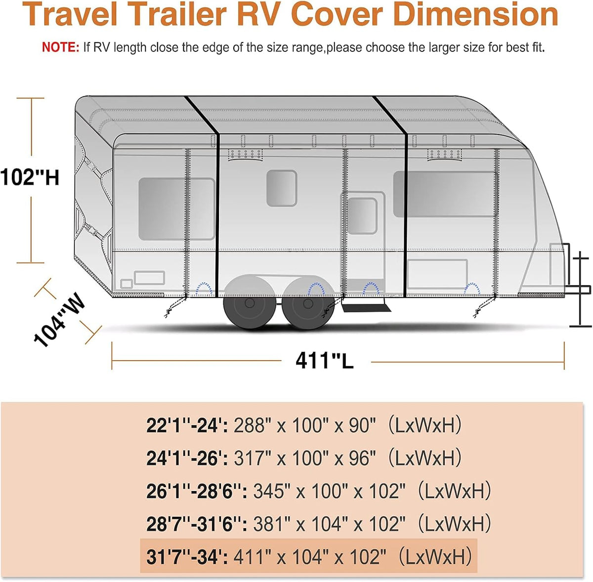 Waterproof Travel Trailer RV Cover with 4 Gutter Spout Covers B911