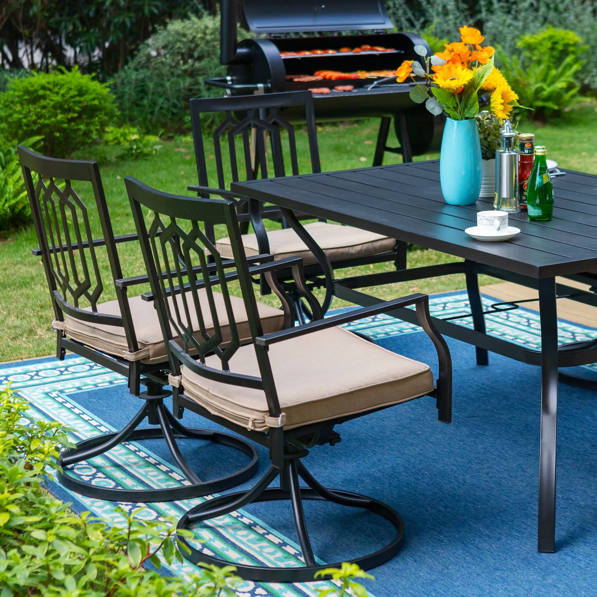 Set of 2 Outdoor Swivel Dining Chairs, Steel Frame with Cushion, Black&Beige H3008