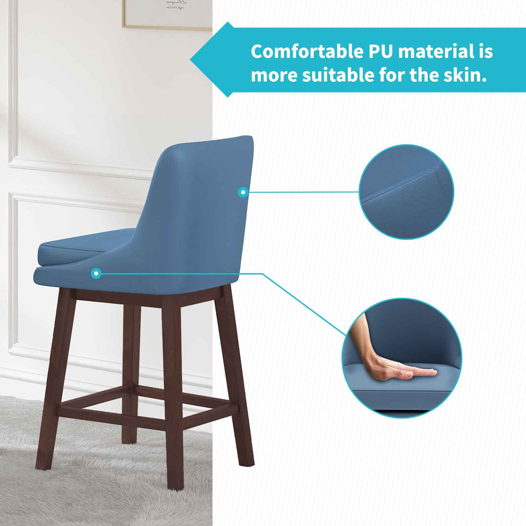 Blue 26" H Swivel Bar Stools Set of 2 with Back, Solid Wood Legs Q2079