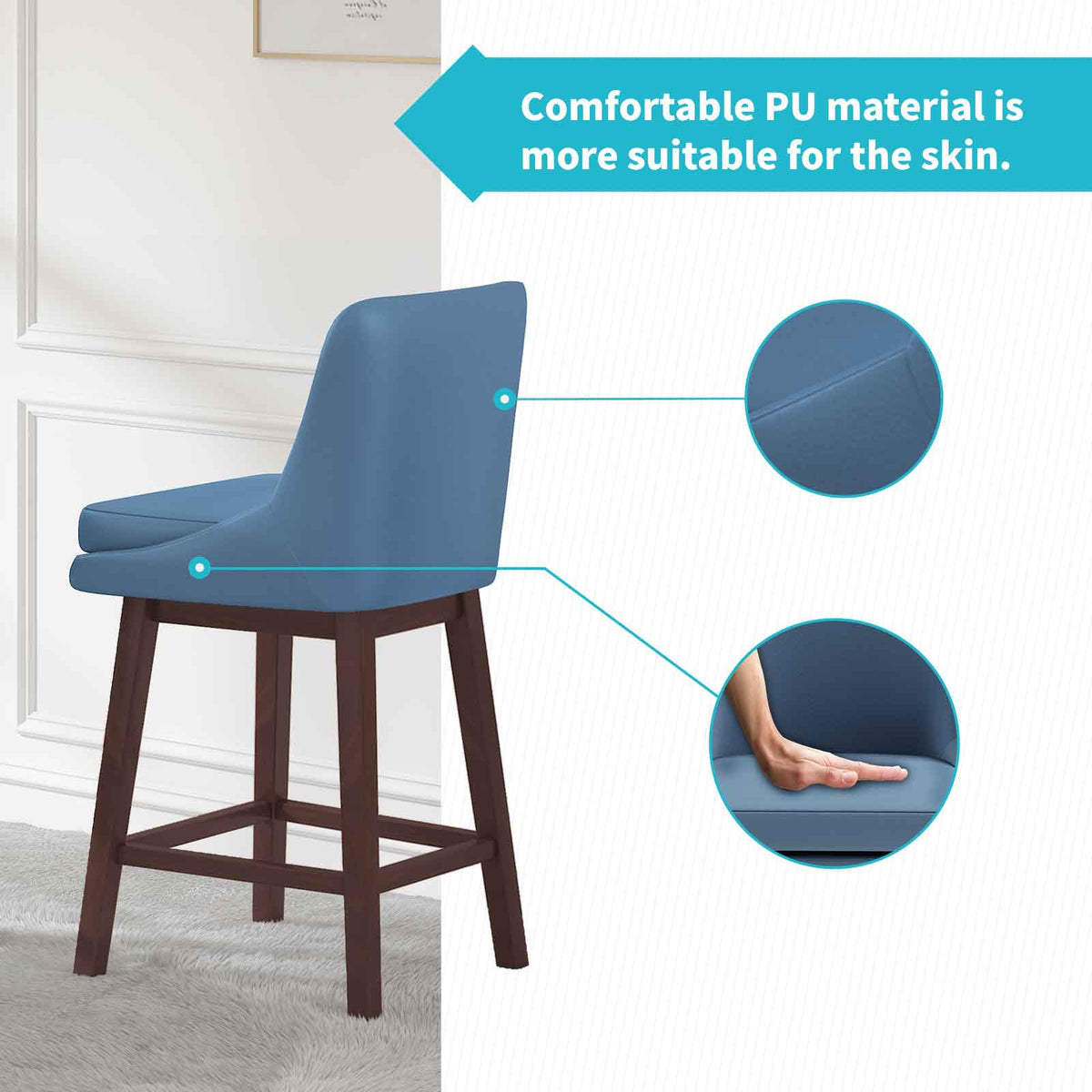 Blue 26" H Swivel Bar Stools Set of 2 with Back, Solid Wood Legs Q2079
