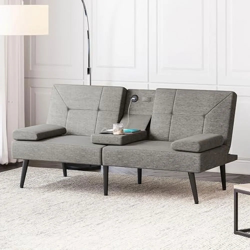Black Convertible Sofa Bed with USB Ports and Adjustable Backrest T8743