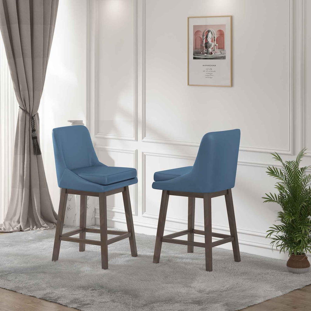 Blue 26" H Swivel Bar Stools Set of 2 with Back, Solid Wood Legs Q2079