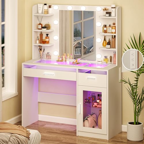 White Vanity Desk with Mirror and Lights W82081