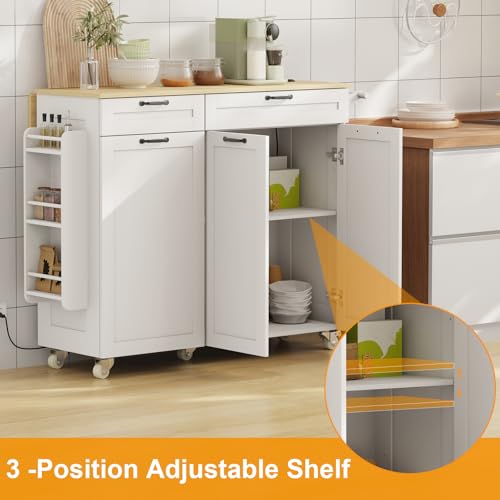 Rolling Kitchen Island with Power Outlet & Drop Leaf, Trash Storage Cabinet, Spice Rack & Towel Rack, Knife Holder S296330