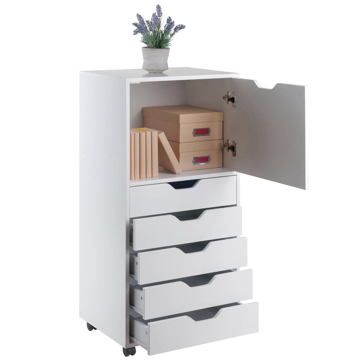 White 5 Drawer Rolling Wood Dresser E12318