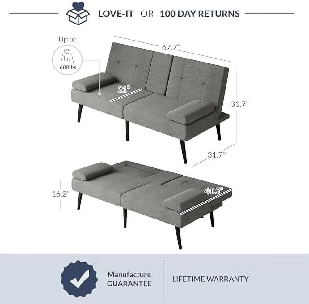Black Convertible Sofa Bed with USB Ports and Adjustable Backrest T8743
