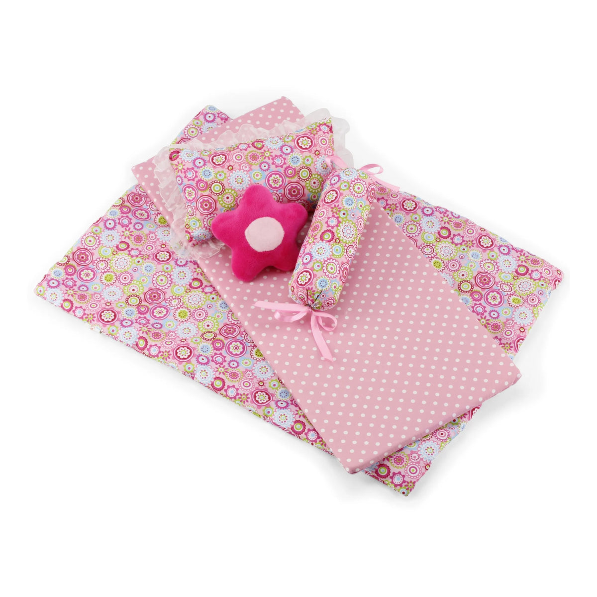 18 Inch Doll Canopy Single Bed with Doll Clothes Storage Drawer and 5 Piece Colorful Bedding Set A32829