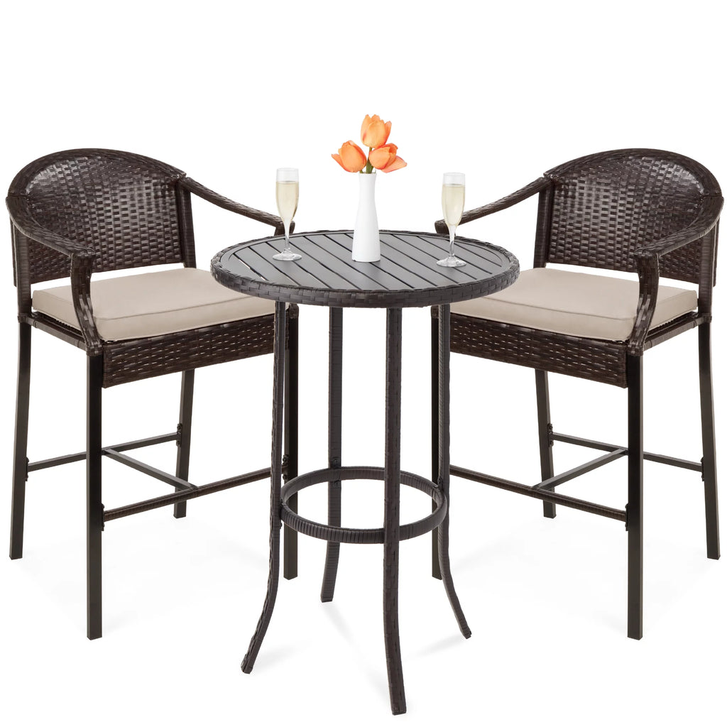 3-Piece Outdoor Wicker Patio Bar Table Bistro Set with Barstools N507