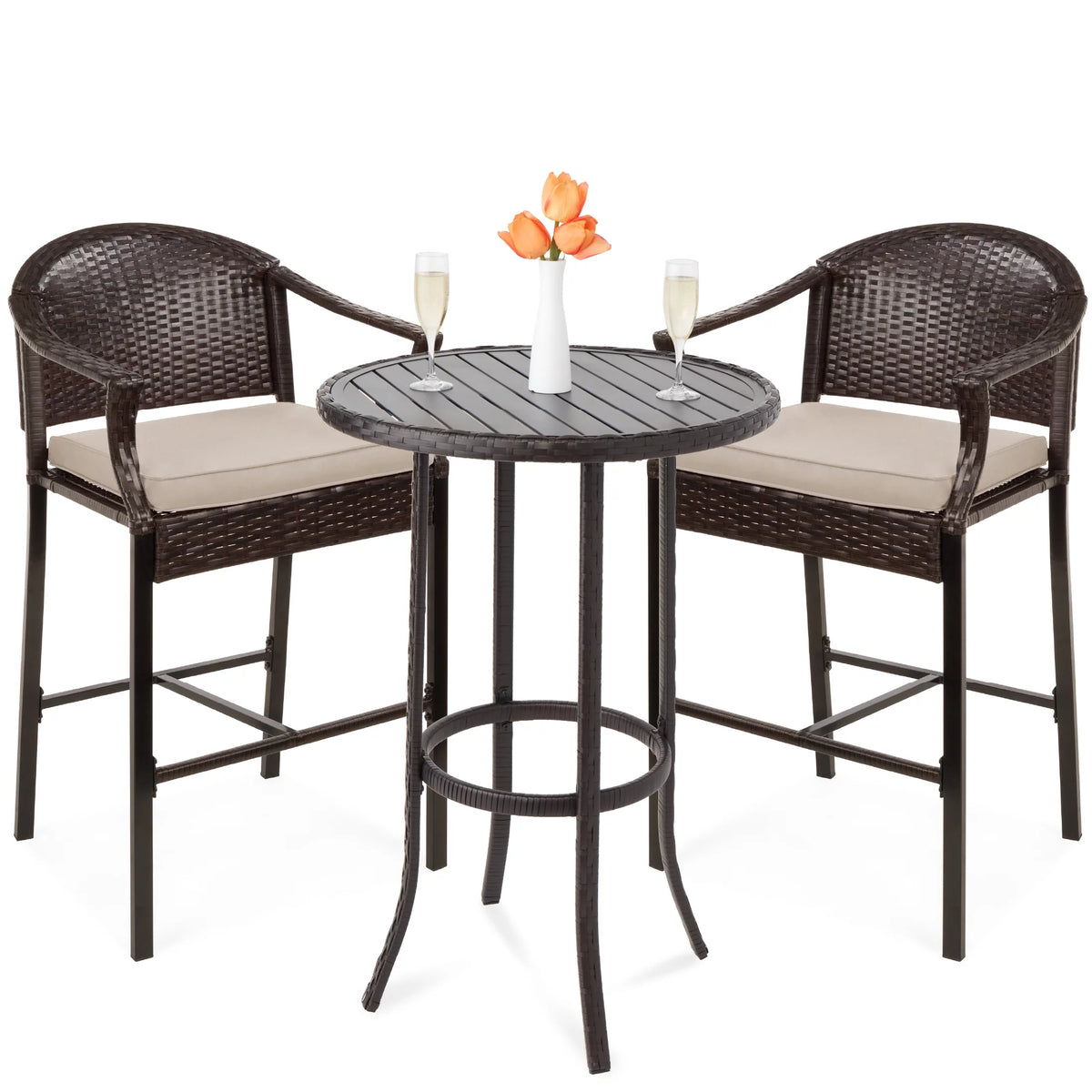 3-Piece Outdoor Wicker Patio Bar Table Bistro Set with Barstools N507