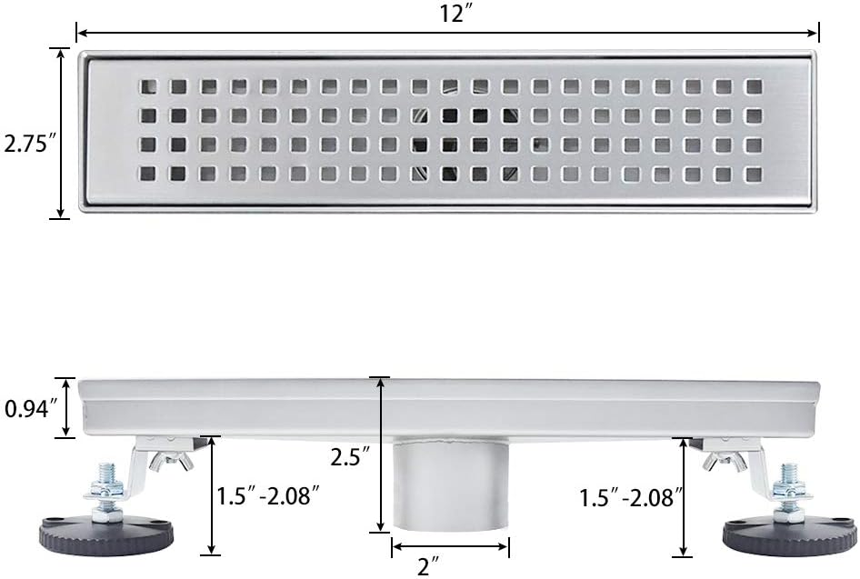 Brushed 304 Stainless Steel 12 inch Linear Shower Drain with Removable Grid Panel E741686