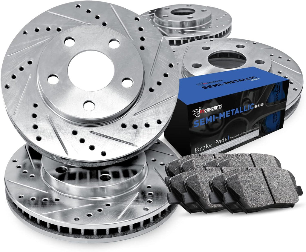 Front Rear Brake Rotors Drilled and Slotted Silver with Semi Metallic Brake Pads T7347