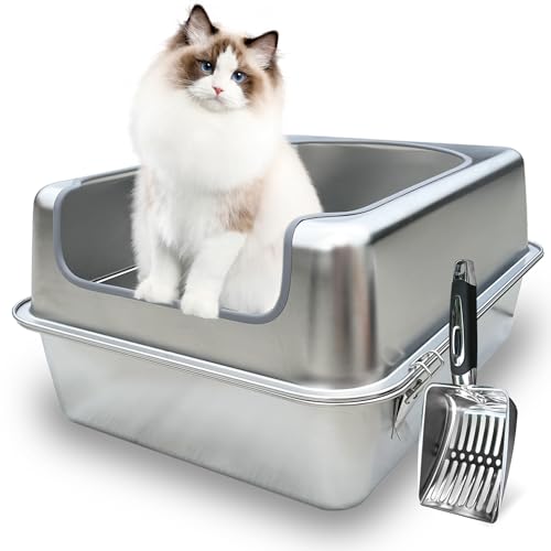 Stainless Steel Enclosed Litter Box with Metal Lid and Scoop E480955