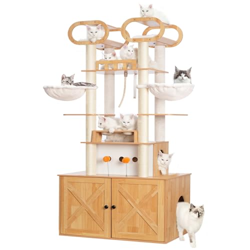 76.8-inch Wooden Cat Tree with Litter Box Enclosure and Scratching Post M619