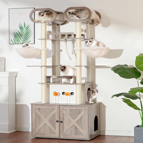 76.8-inch Wooden Cat Tree with Litter Box Enclosure and Scratching Post M619