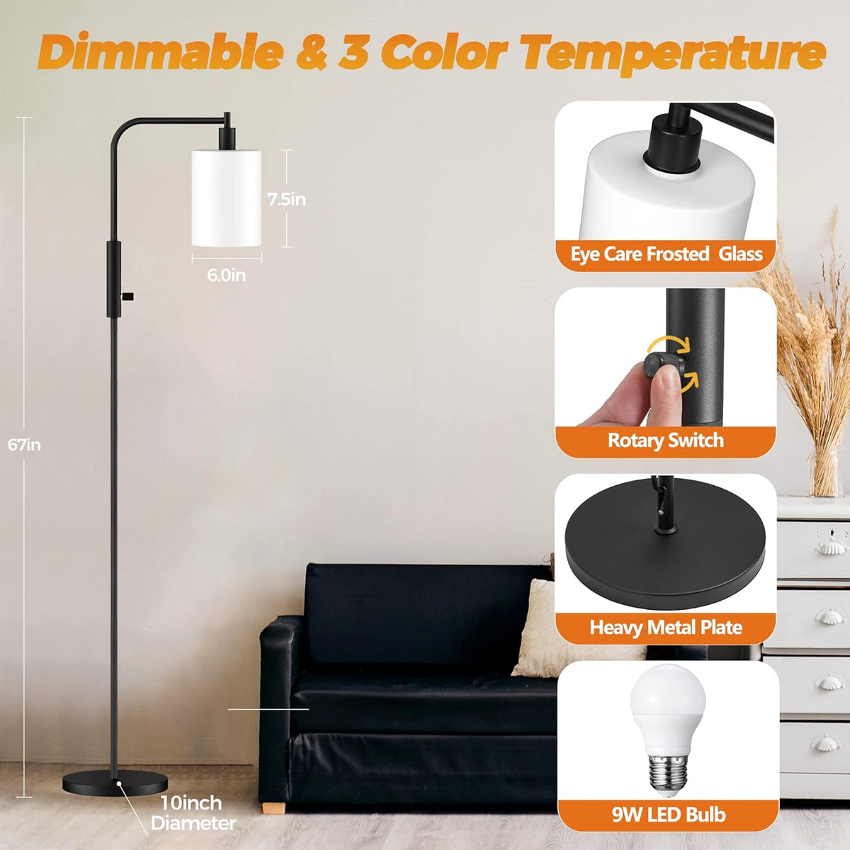 Black Dimmable Glass Shade Floor Lamp P2516