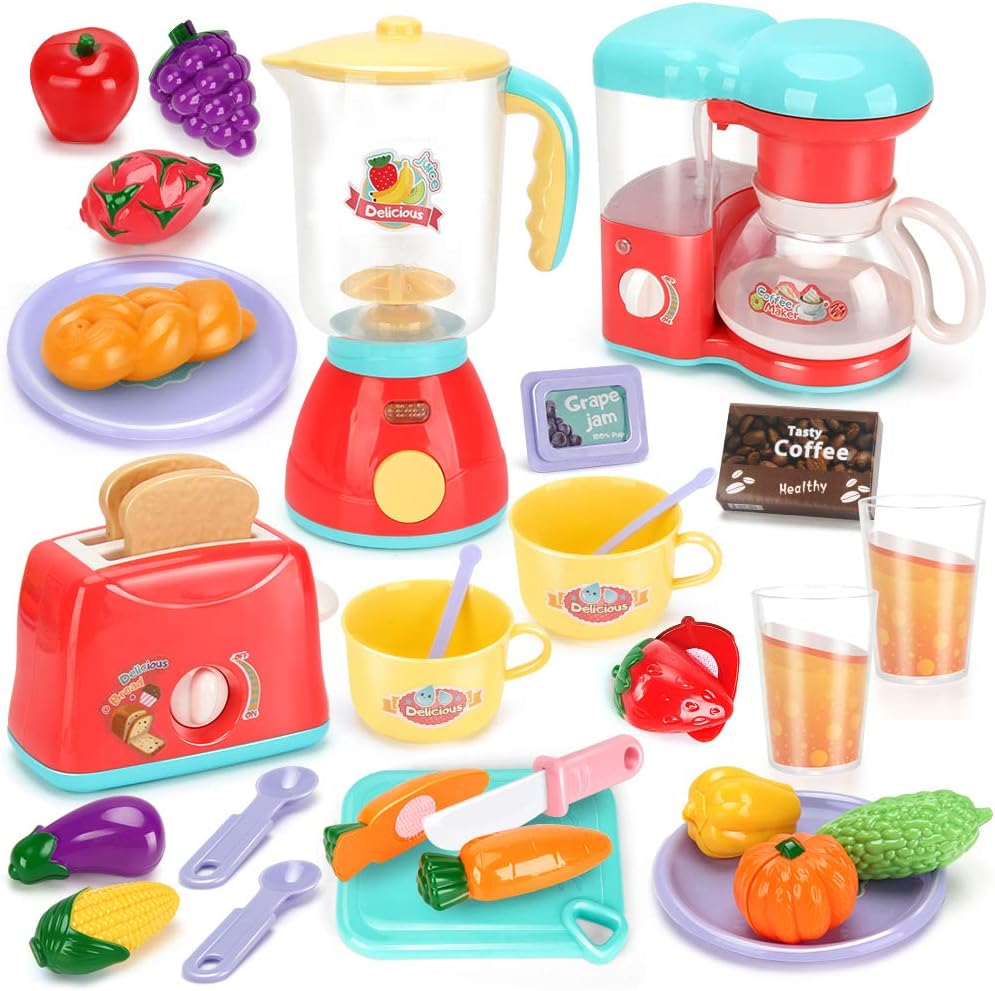 Kids Assorted Kitchen Appliance Toys, Pretend Kitchen Toy Set Includes Coffee Maker, Blender and Toaster, Cutting Play Food and Kitchen Utensils Accessories K660