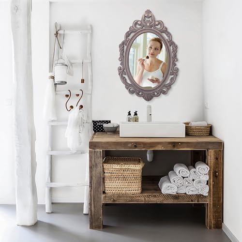 Oval Wooden Hanging Mirror Grey Carved Frame Wall Mirror 24"x16" D3189