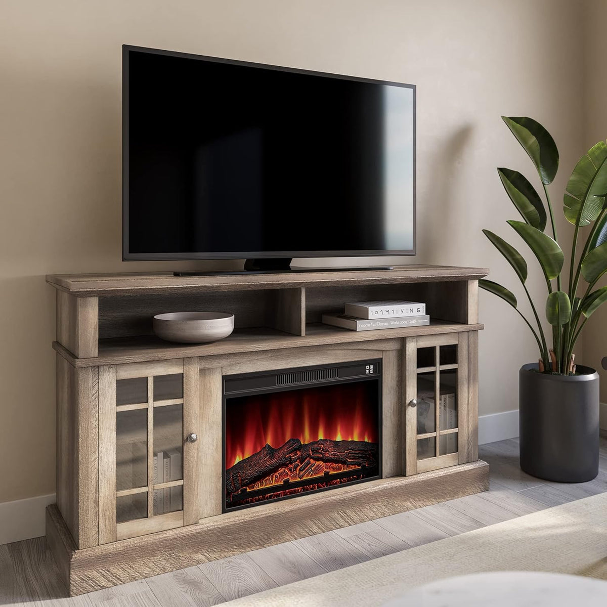Rustic Electric Fireplace TV Stand with Open Storage Shelves & Cabinets H83050