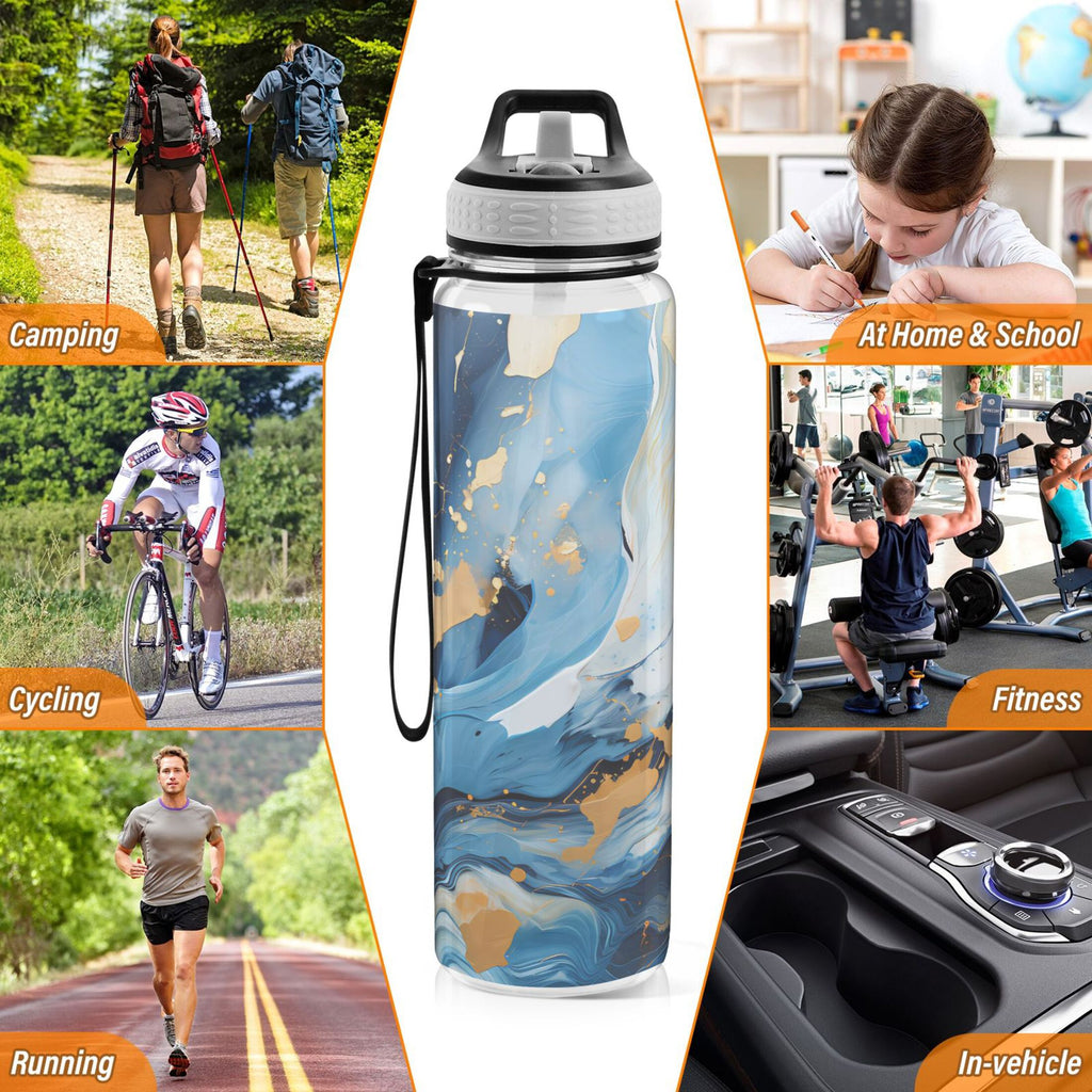 Marble Blue and Gold 32oz Tritan Leakproof Water Bottle with Straw Q70106
