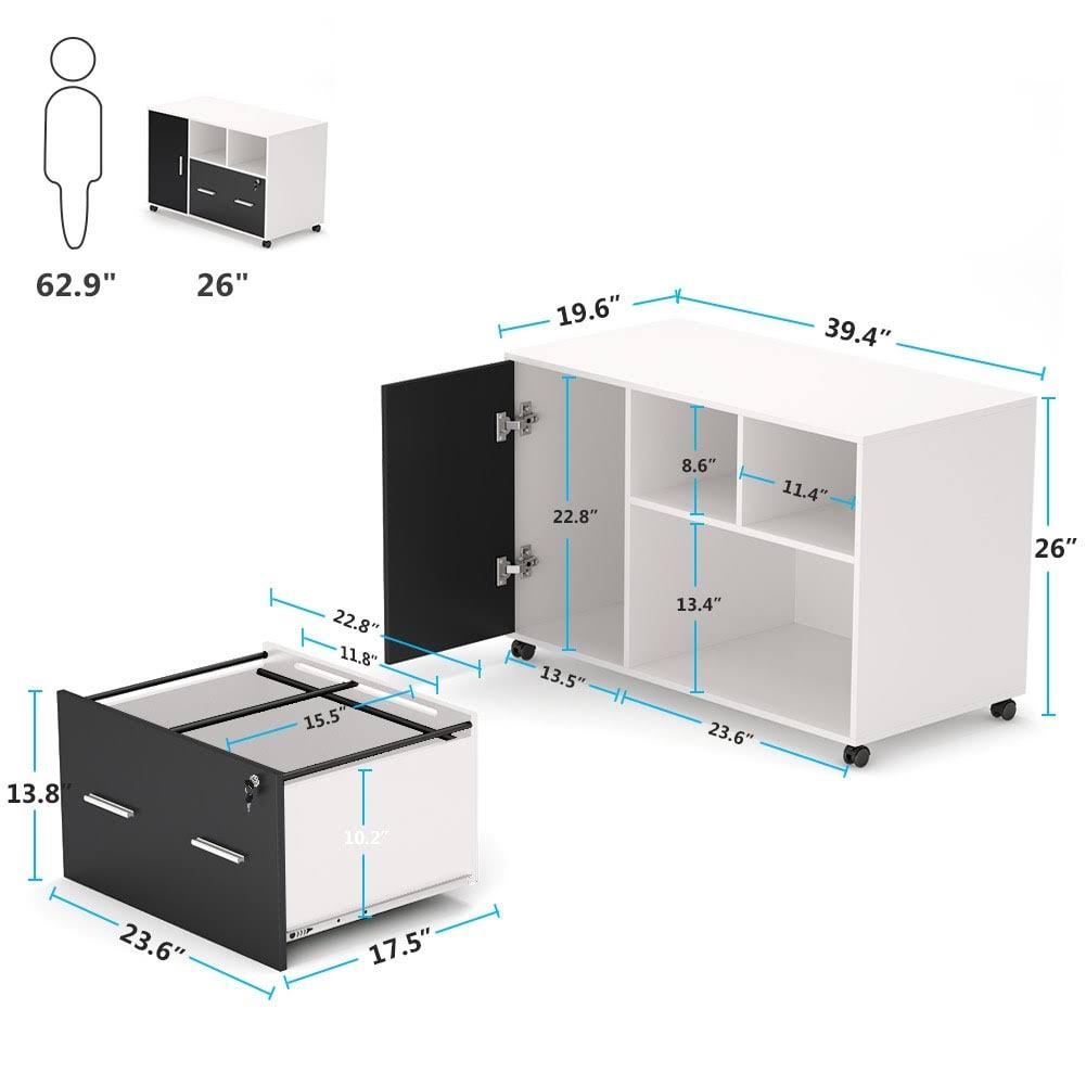 White/Black Mobile Lateral File Cabinet with Lock and Wheels D9334