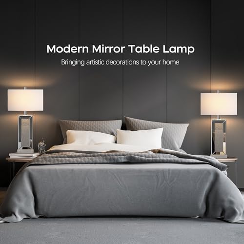 Table Lamp Set of 2 Touch Control Silver Mirror Crystal with USB C+A Ports 3-Way Dimmable White Fabric Shade T513