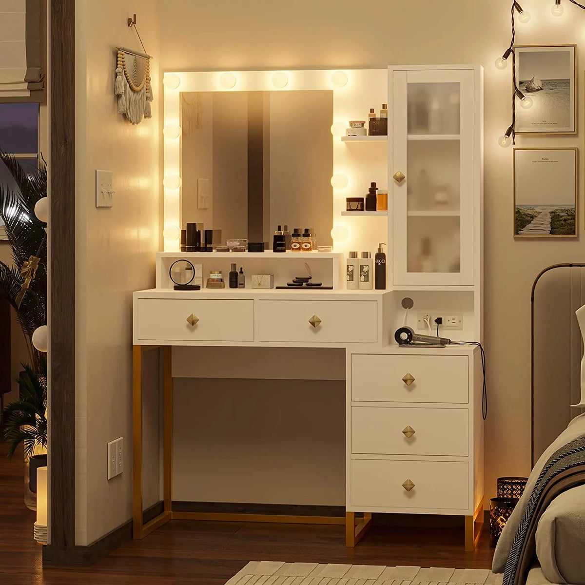 White Makeup Vanity with Lights and 5 Drawers V874
