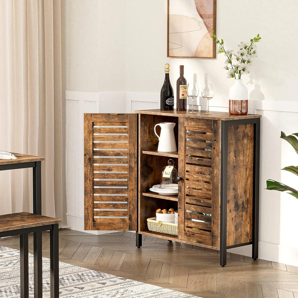 Rustic Brown Bathroom Cabinet with 2 Adjustable Shelves and Louver Doors P60866