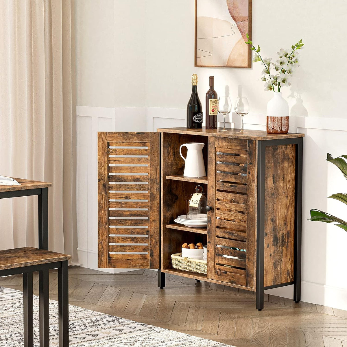 Rustic Brown Bathroom Cabinet with 2 Adjustable Shelves and Louver Doors P60866