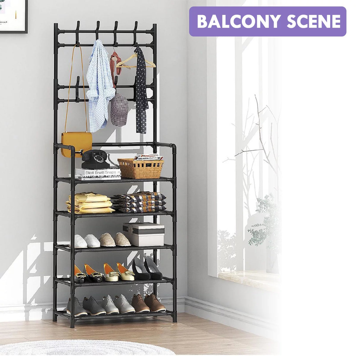 Coat Rack Stand with 5 Shelves Storage Black A1718