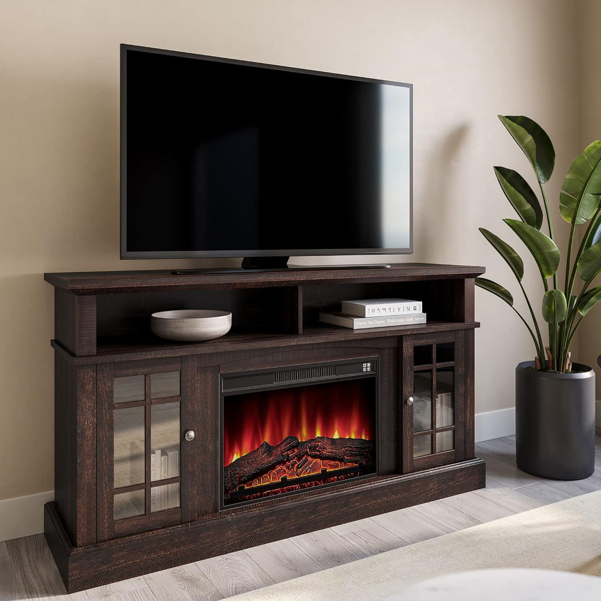 Rustic Electric Fireplace TV Stand with Open Storage Shelves & Cabinets H83050