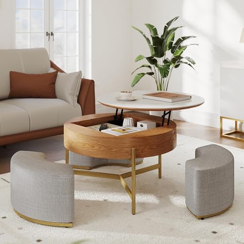 32" Round Marbling Pattern Slate Lift Top Coffee Table Set with Storage Q10553