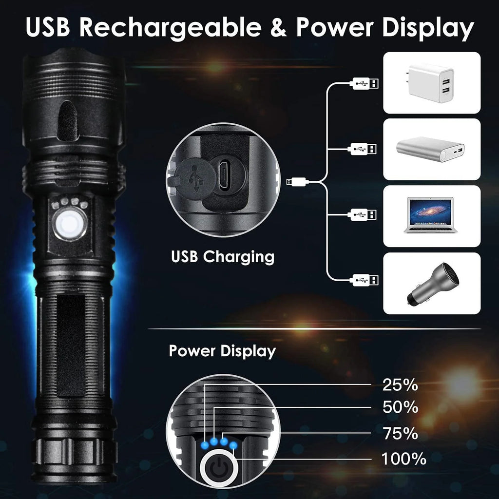 100000 High Lumens Usb Rechargeable Waterproof Flashlight K785