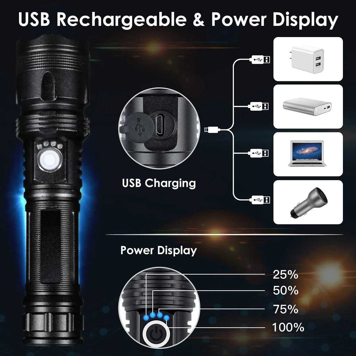 100000 High Lumens Usb Rechargeable Waterproof Flashlight K785