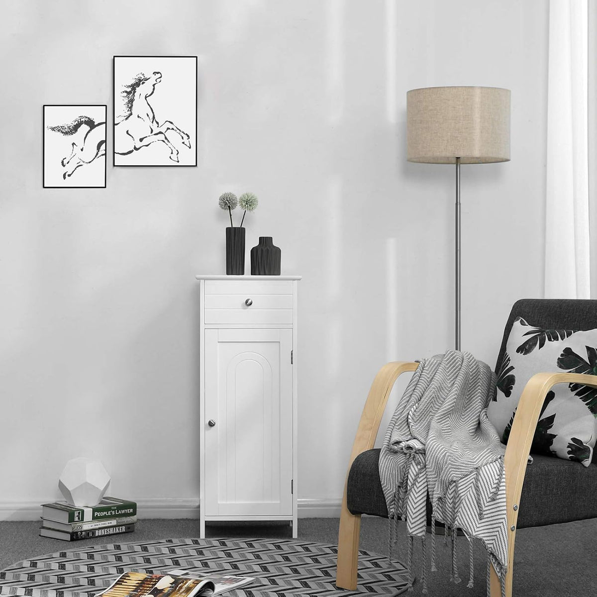 White Wooden Bathroom Floor Cabinet with Drawer and Adjustable Shelf T314