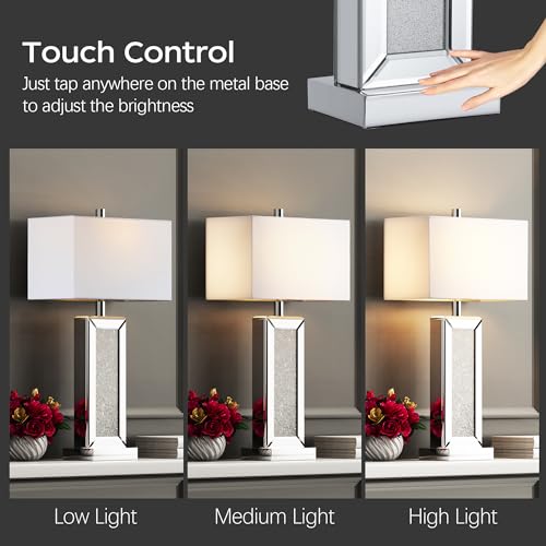 Table Lamp Set of 2 Touch Control Silver Mirror Crystal with USB C+A Ports 3-Way Dimmable White Fabric Shade T513