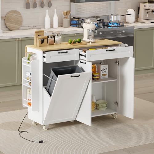 Rolling Kitchen Island with Power Outlet & Drop Leaf, Trash Storage Cabinet, Spice Rack & Towel Rack, Knife Holder S296330