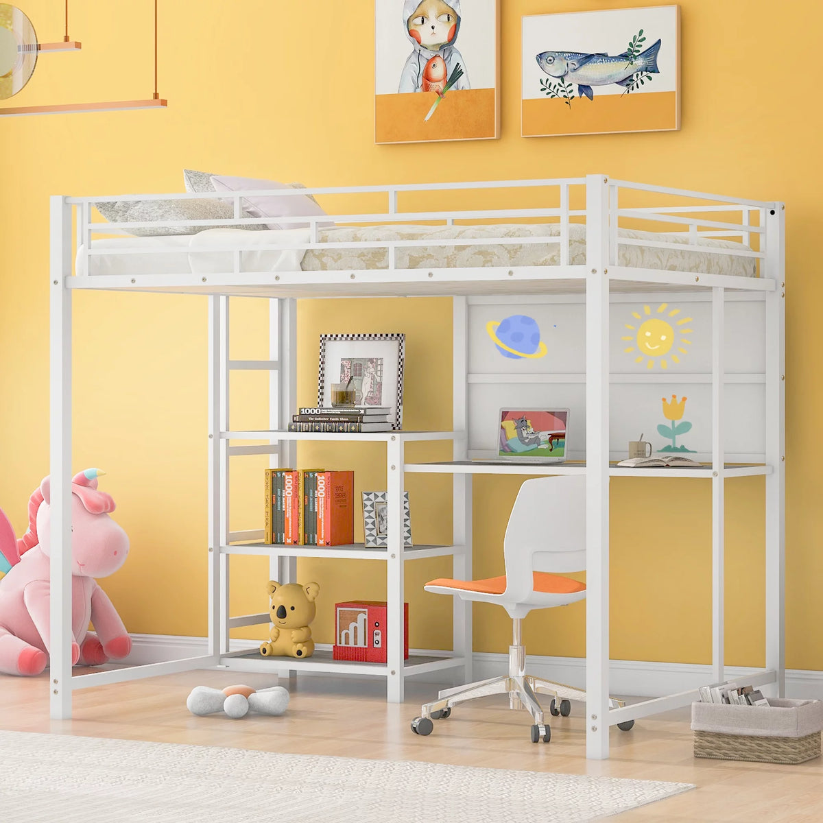 Full Size White Metal Loft Bed with Desk and Shelves J440
