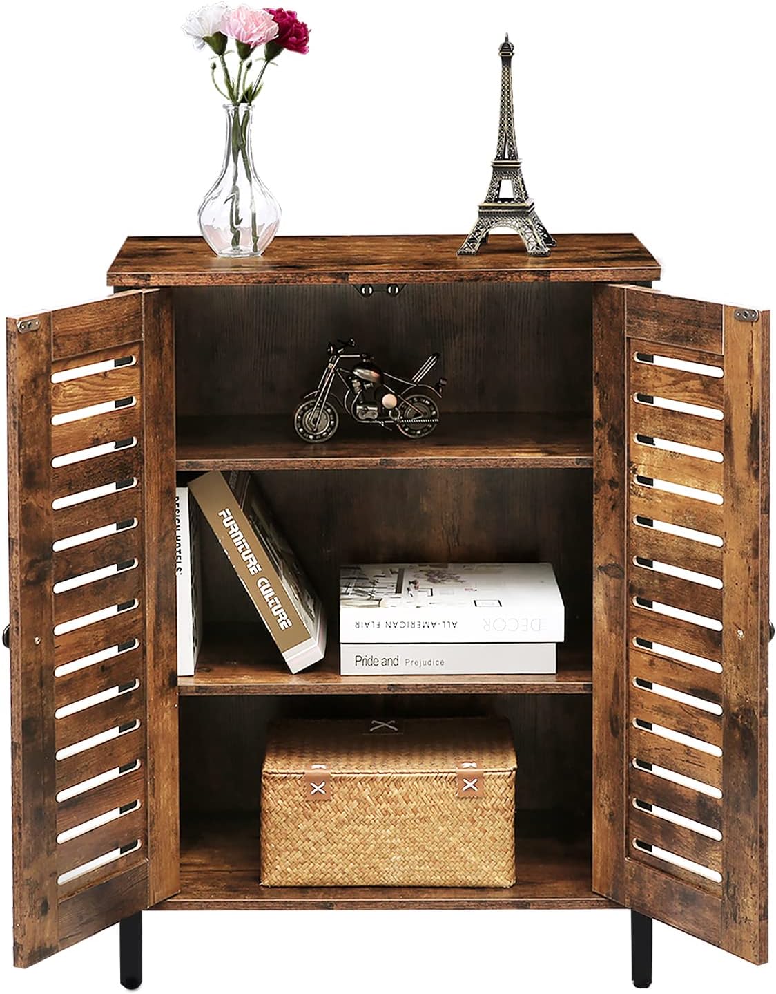Rustic Brown Bathroom Cabinet with 2 Adjustable Shelves and Louver Doors P60866