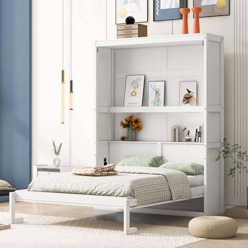 Gray Queen Size Wood Murphy Wall Bed with Shelves K396536